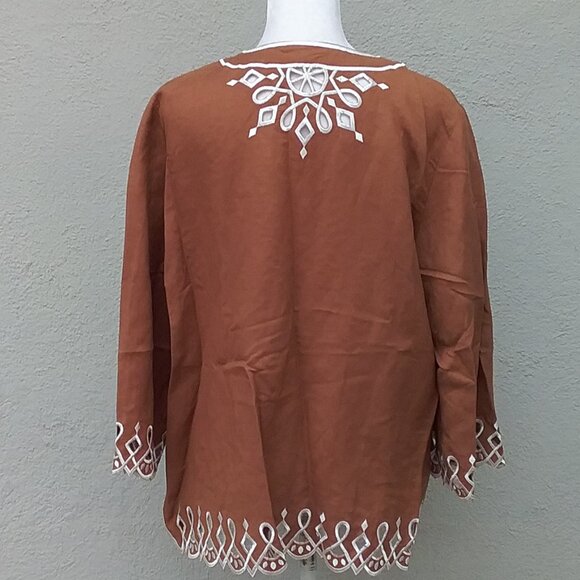 Bob Mackie Women's Wearable Art Linen Jacket Light Brown and White Cutout Preppy - Picture 4 of 7